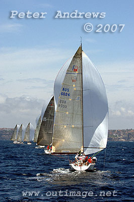 A neat line of Farr 40's under spinnaker running down to the finish of Race 1.