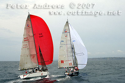 Onorato's Mascalzone Latino and Wheen's Sputnik under spinnaker after rounding the top mark in Race 3.