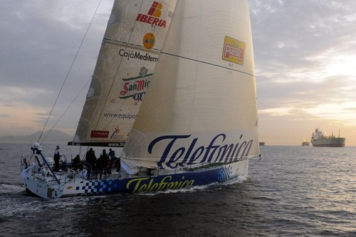 Telefonica Blue officially suspended racing having reached landfall near Gibraltar last night to undertake repairs to the steering gear they damaged soon after the race start in Alicante. Bouwe Bekking and his crew notified race HQ at 18:53:26 GMT that they had stopped at the port of Algeciras in Gibraltar Bay. They now have to serve a 12-hour penalty under the pit stop rule before re-starting. Photo copyright Dave Kneale - Volvo Ocean Race.