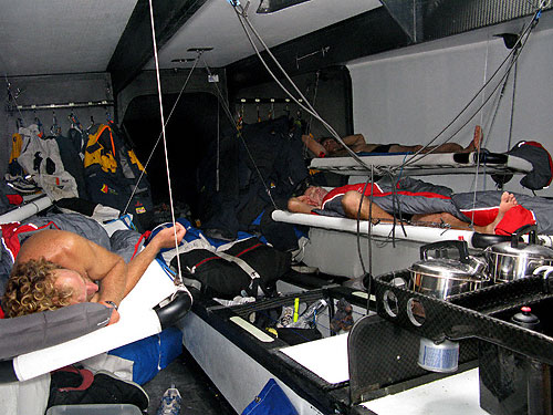 Some of the crew onboard Telefonica Black take a rest on leg 1 of the Volvo Ocean Race. Photo copyright Mikel Pasabant - Equipo Telefonica.