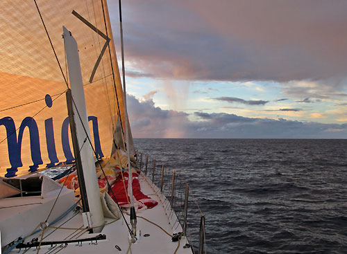 Telefonica Black at dusk in the Doldrums, on leg 1 of the Volvo Ocean Race. Photo copyright Mikel Pasabant - Equipo Telefonica Black - Volvo Ocean Race.