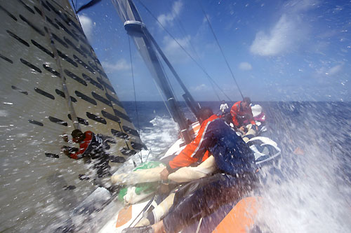 A sail change aboard Ericsson 3 during Leg 1 of the Volvo Ocean Race 2008-09. Photo copyright Gustav Morin - Ericsson 3 - Volvo Ocean Race.
