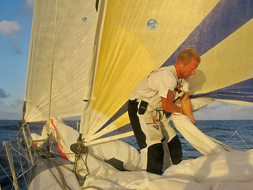 Ed van Lierde working on the bow on Team Delta Lloyd, on leg 1 of the Volvo Ocean Race. Photo copyright Sander Pluijm - Team Delta Lloyd - Volvo Ocean Race.