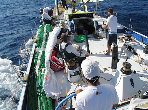 Sails being packed on Telefonica
                            Blue for heavy weather conditions on leg 1 of the Volvo Ocean Race. Photo copyright Gabriele Olivo - Equipo Telefonica - Volvo Ocean Race.