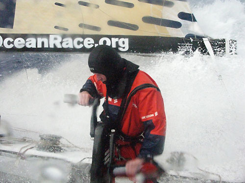 Phil Jameson Grinding on Ericsson 4 as they set a new 24 hour record. Photo copyright Guy Salter - Ericsson 4 - Volvo Ocean Race.