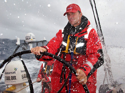 Skipper Ken Read helming PUMA Ocean Racing in rough seas heading towards Cape Town, on leg 1 of the Volvo Ocean Race. Photo copyright Rick Deppe - PUMA Ocean Racing - Volvo Ocean Race. 