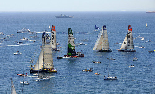 The fleet park up in Table Bay as the winds drops at the start of leg 2 of the Volvo Ocean Race from Cape Town, South Africa to Cochin, India. Photo copyright Rick Tomlinson / Volvo Ocean Race.