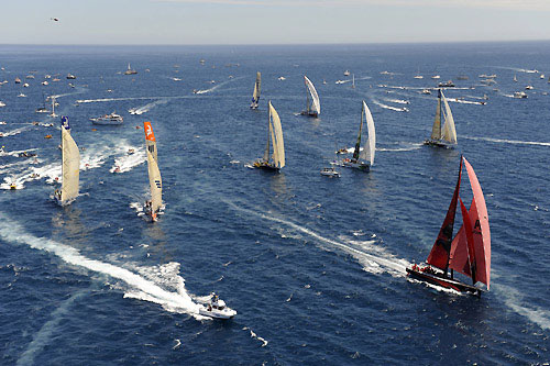 The fleet park up in Table Bay as the winds drops at the start of leg 2 of the Volvo Ocean Race from Cape Town, South Africa to Cochin, India. Photo copyright Rick Tomlinson / Volvo Ocean Race.