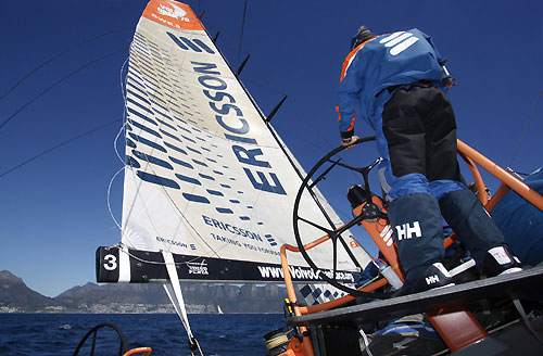 Skipper Anders Lewander at the helm of Ericsson 3 during one of the periods of light conditions at the start of leg 2 of the Volvo Ocean Race from Cape Town, South Africa to Cochin, India. Photo copyright Gustav Morin / Ericsson 3 / Volvo Ocean Race.