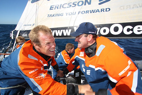 All hands to the grinders on Ericsson 3 at the start of leg 2 of the Volvo Ocean Race from Cape Town, South Africa to Cochin, India. Photo copyright Gustav Morin / Ericsson 3 / Volvo Ocean Race.