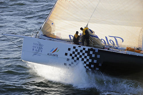 Telefonica Black get ready to hoist their gennaker, at the start of leg 2 of the Volvo Ocean Race from Cape Town, South Africa to Cochin, India. Photo © Rick Tomlinson / Volvo Ocean Race.