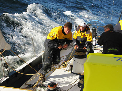 Pitman Antonio Cuervas sprints across Telefonica Black's deck in rough seas on leg 2 of the Volvo Ocean Race, from Cape Town, South Africa to Cochin, India. Photo © Mikel Pasabant / Telefonica Black / Volvo Ocean Race.