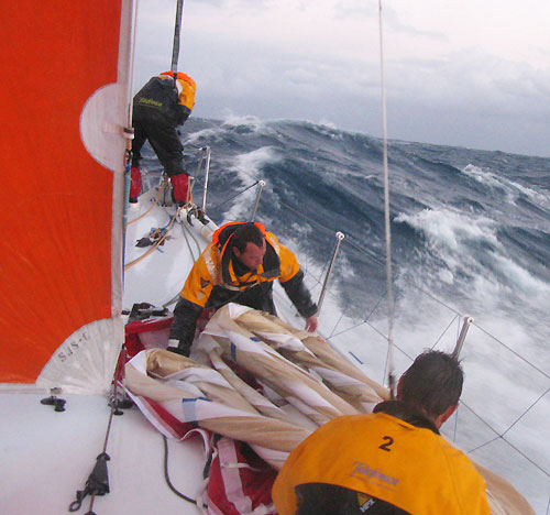 Sail changes onboard Telefonica Blue, in 38 knots of wind, with Pepe Ribes on the bow and Iker Martinez and Simon Fisher preparing the sail, on leg 2 of the Volvo Ocean Race, from Cape Town, South Africa to Cochin, India. Photo © Gabriele Olivo / Telefonica Blue / Volvo Ocean Race.