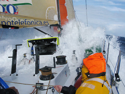 Pablo Arrarte trimming in rough sea on Telefonica Blue, on leg 2 of the Volvo Ocean Race, from Cape Town, South Africa to Cochin, India. Photo © Gabriele Olivo / Telefonica Blue / Volvo Ocean Race.