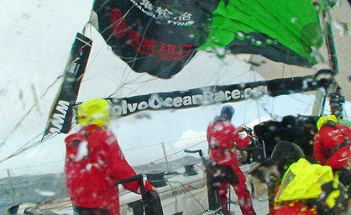 Ian Walker's Green Dragon sufferers a broken boom as the fleet continued to wrestle with strong gusts and treacherous seas as the second leg of the race to India turned spiteful. Photo copyright Guo Chuan / Green Dragon Racing / Volvo Ocean Race.