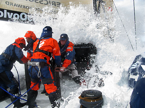 The crew of Ericsson 4 prepare to be hit by a huge wave, on leg 2 of the Volvo Ocean Race from Cape Town, South Africa to Cochin, India. Photo copyright Guy Salter / Ericsson 4 / Volvo Ocean Race.