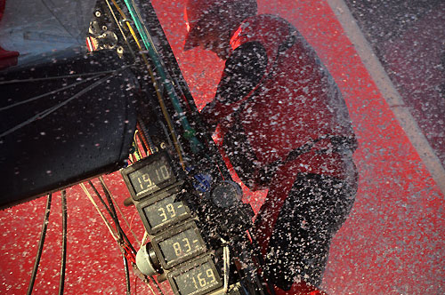 Sidney Gavignet at the mast onboard PUMA Ocean Racing, on leg 2 of the Volvo Ocean Race, from Cape Town, South Africa to Cochin, India. Photo copyright Rick Deppe / PUMA Ocean Racing / Volvo Ocean Race.