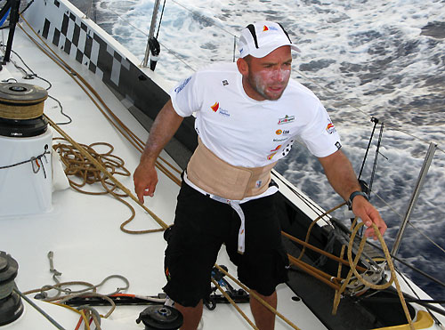 Maciel Cicchetti peeling a sail onboard Telefonica Black, on leg 2 of the Volvo Ocean Race, from Cape Town, South Africa to Cochin, India. Photo copyright Mikel Pasabant / Telefonica Black / Volvo Ocean Race.