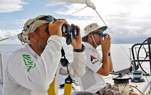 Tom Braidwood and skipper Ian Walker get sight of PUMA Ocean Racing in the Doldrums, on leg 2 of the Volvo Ocean Race, from Cape Town, South Africa to Cochin, India. Photo copyright Guo Chuan / Green Dragon Racing / Volvo Ocean Race.