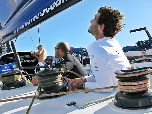 Martin Watts and skipper Chuny check the masthead C-0 trimm, on leg 2 of the Volvo Ocean Race, from Cape Town, South Africa to Cochin, India. Photo copyright Sander Pluijm / Team Delta Lloyd / Volvo Ocean Race.