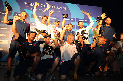 The crew of Ericsson 4, Skippered by Torben Grael from Brazil, celebrate their arrivial in Cochin, India, winning the second leg of the Volvo Ocean Race 2008-09. Photo © Dave Kneale / Volvo Ocean Race.