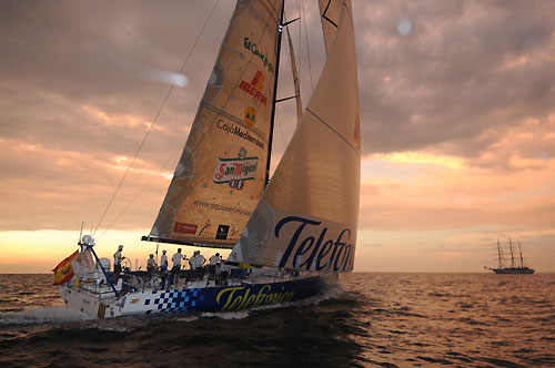 Telefonica Blue, finishes in second place on leg 2 of the Volvo Ocean Race, from Cape Town, South Africa to Cochin India. The boat crossed the finish line 12:37:50 GMT under a beautiful Indian sunset. Photo copyright Dave Kneale / Volvo Ocean Race.