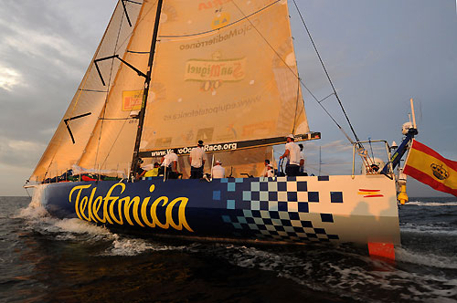 Telefonica Blue, finishes in second place on leg 2 of the Volvo Ocean Race, from Cape Town, South Africa to Cochin India. The boat crossed the finish line 12:37:50 GMT under a beautiful Indian sunset. Photo copyright Dave Kneale / Volvo Ocean Race.