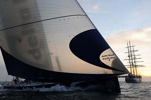 Delta Lloyd, skippered by Roberto Bermudez de Castro from Spain, finishes leg 2 of the Volvo Ocean Race from Cape Town, South Africa to Cochin, India. They crossed the line at 12:29:00 GMT, securing 3 points for the finish and 3.5 points overall for the leg. Photo copyright Dave Kneale / Volvo Ocean Race.