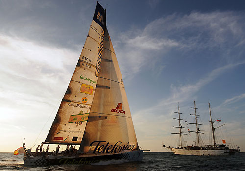 Telefonica Black, skippered by Fernando Echavarri from Spain, finishes leg 2 of the Volvo Ocean Race from Cape Town, South Africa to Cochin, India. They crossed the line at 12:00:20 GMT, securing 5 points for the finish and 6.5 points overall for the leg. Photo copyright Dave Kneale / Volvo Ocean Race.