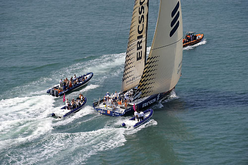 Ericsson 3, skippered by Anders Lewander from Sweden, finishes third on leg 2 of the Volvo Ocean Race from Cape Town, South Africa to Cochin, India. The nordic boat crossed the line at 07:36:45 GMT, securing 6 points for the finish and 9.5 points overall for the leg. Photo copyright Rick Tomlinson / Volvo Ocean Race.