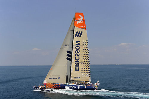 Ericsson 3, skippered by Anders Lewander from Sweden, finishes third on leg 2 of the Volvo Ocean Race from Cape Town, South Africa to Cochin, India. The nordic boat crossed the line at 07:36:45 GMT, securing 6 points for the finish and 9.5 points overall for the leg. Photo copyright Rick Tomlinson / Volvo Ocean Race.