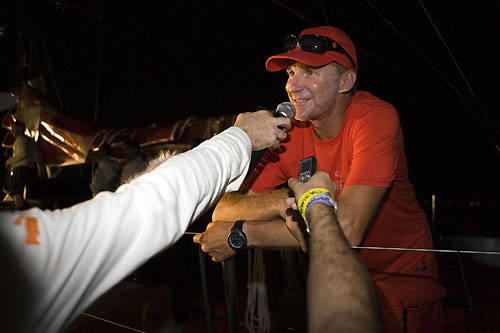 Skipper Ken Read of PUMA Ocean Racing addresses the media on the dock after completing leg 2 in Cochin, India. Photo copyright Sally Collison / PUMA Ocean Racing.