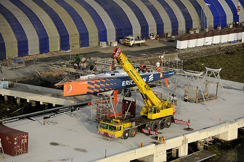 Ericsson 4 is hauled out from the water in the stopover port of Cochin India. Photo copyright Rick Tomlinson / Volvo Ocean Race.