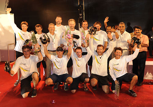 The crew of Team Russia celebrate their arrival to Cochin India. Photo copyright Rick Tomlinson / Volvo Ocean Race.