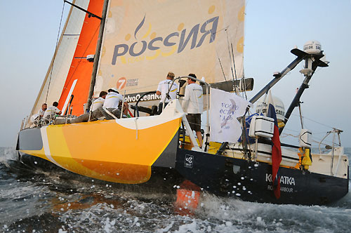 Team Russia, skippered by Andreas Hanakamp from Austria, finishes leg 2 of the Volvo Ocean Race, from Cape Town, South Africa to Cochin India. The boat crossed the finish line 13:23:30 GMT. Photo copyright Dave Kneale / Volvo Ocean Race.