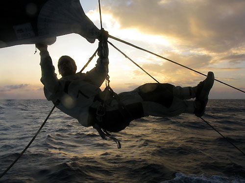 Bowman Morgan White changing the sheet on the masthead C-O, on leg 3 of the Volvo Ocean Race from India to Singapore. Photo copyright Sander Pluijm / Team Delta Lloyd / Volvo Ocean Race.