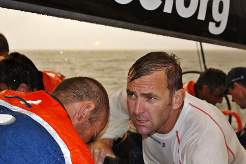 Ericsson 4 with all hands on the pumps, on leg 3 of the Volvo Ocean Race from India to Singapore. Photo copyright Guy Salter/ Ericsson 4 / Volvo Ocean Race.