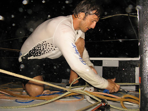 Javier de la Plaza getting soaked onboard Telefonica Black, in no wind, on leg 3 of the Volvo Ocean Race from India to Singapore. Photo © Mikel Pasabant / Telefonica Black / Volvo Ocean Race.