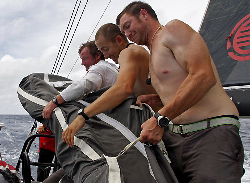 Green Dragon stacking sail bags as they tack, on leg 3 of the Volvo Ocean Race from India to Singapore. Photo copyright Guo Chuan / Green Dragon Racing / Volvo Ocean Race.