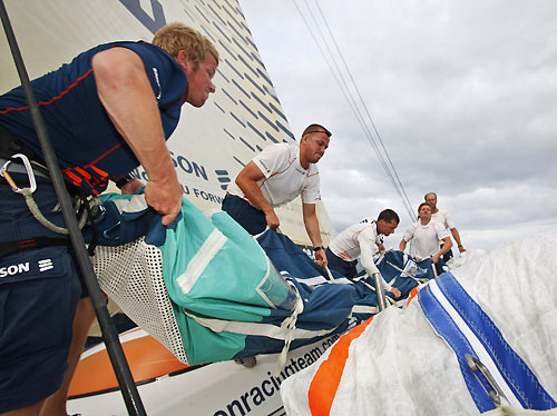 Stacking onboard Ericsson 3, on leg 3 of the Volvo Ocean Race from India to Singapore. Photo © Gustav Morin / Ericsson 3 / Volvo Ocean Race.