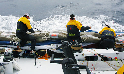 Sail stacking just before tacking, onboard Telefonica Blue, on leg 3 of the Volvo Ocean Race from India to Singapore. Photo © Gabriele Olivo / Telefonica Blue / Volvo Ocean Race.