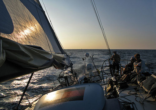 The day after the keel structure broke. Ed van Lierde is steering the boat with 11 knots upwind to Sumatra, still in the race.Sailing J4 and reef in the main. Steering Gerd-Jan Poortman, next in the sun Ed van Lierde, Martin Watts, Ryan Houston and Matt Gregory. Photo copyright Sander Pluijm / Team Delta Lloyd / Volvo Ocean Race.