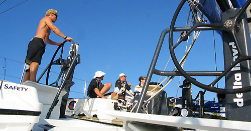 The day after the keel structure broke. Ed van Lierde is steering the boat with 11 knots upwind to Sumatra, still in the race. Sailing J4 and reef in the main. Steering Gerd-Jan Poortman, next in the sun Ed van Lierde, Martin Watts, Ryan Houston and Matt Gregory. Photo copyright Sander Pluijm / Team Delta Lloyd / Volvo Ocean Race.