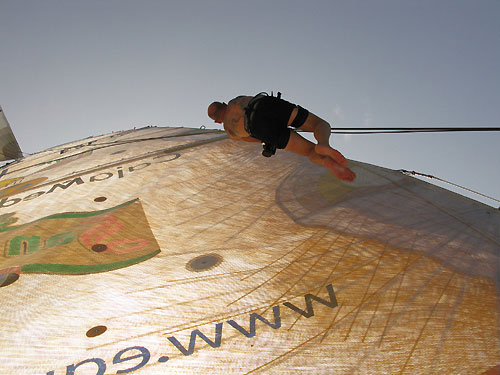 Mikel Pasabant climbs up to film from the top of the mast on Telefonica Black, on leg 3 of the Volvo Ocean Race from India to Singapore. Photo copyright Mikel Pasabant / Telefonica Black / Volvo Ocean Race.