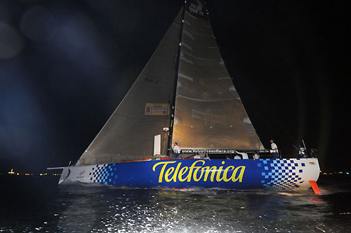 Telefonica Blue, skippered by Bouwe Bekking (NED) takes first place on leg 3 of the Volvo Ocean Race from India to Singapore, crossing the finish line at 14:51:22 GMT. Photo © Dave Kneale / Volvo Ocean Race.