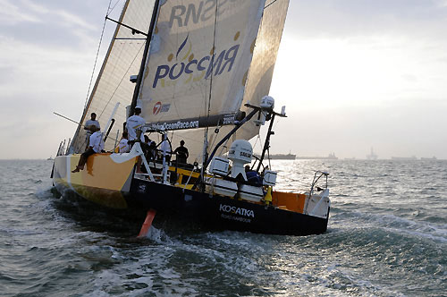 Team Russia, skippered by Andreas Hanakamp (AUT) takes seventh place on leg 3 of the Volvo Ocean Race from India to Singapore, crossing the finish line at 00:08:25 GMT. Photo © Dave Kneale / Volvo Ocean Race.