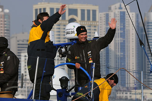 Telefonica Blue, skippered by Bouwe Bekking (NED), finishes first, on leg 4 of the Volvo Ocean Race, from Singapore to Qingdao, China at 07:00:25 GMT. Photo copyright Rick Tomlinson / Volvo Ocean Race.