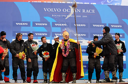 Telefonica Blue, skippered by Bouwe Bekking (NED), finishes first, on leg 4 of the Volvo Ocean Race, from Singapore to Qingdao, China at 07:00:25 GMT. Photo copyright Rick Tomlinson / Volvo Ocean Race.