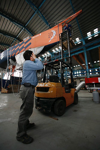 Ericsson 3's new bow piece fitted and the team undertake final repairs before the boat was re-launched to continue leg 4 from Taiwan to Qingdao. Photo copyright Gustav Morin / Ericsson 3 / Volvo Ocean Race.