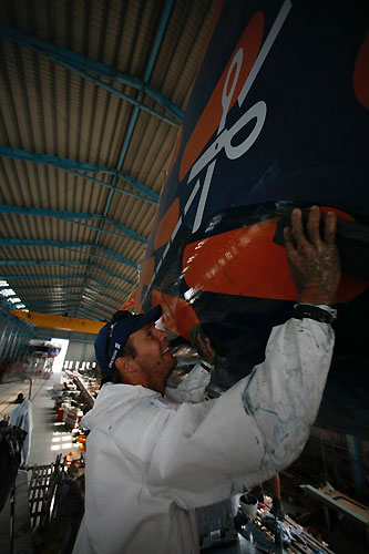 Ericsson 3's new bow piece fitted and the team undertake final repairs before the boat was re-launched to continue leg 4 from Taiwan to Qingdao. Photo copyright Gustav Morin / Ericsson 3 / Volvo Ocean Race.